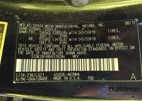 2017 Toyota Highlander Se/Xle z USA, uszkodzony, nr VIN 5TDKZRFH8HS518284